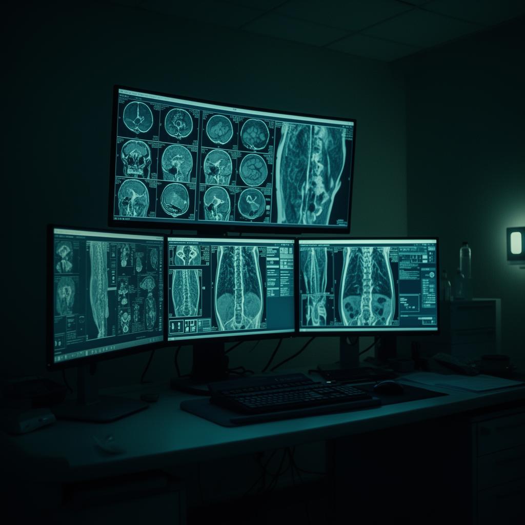 Radiologist workstation reviewing diagnostic scans